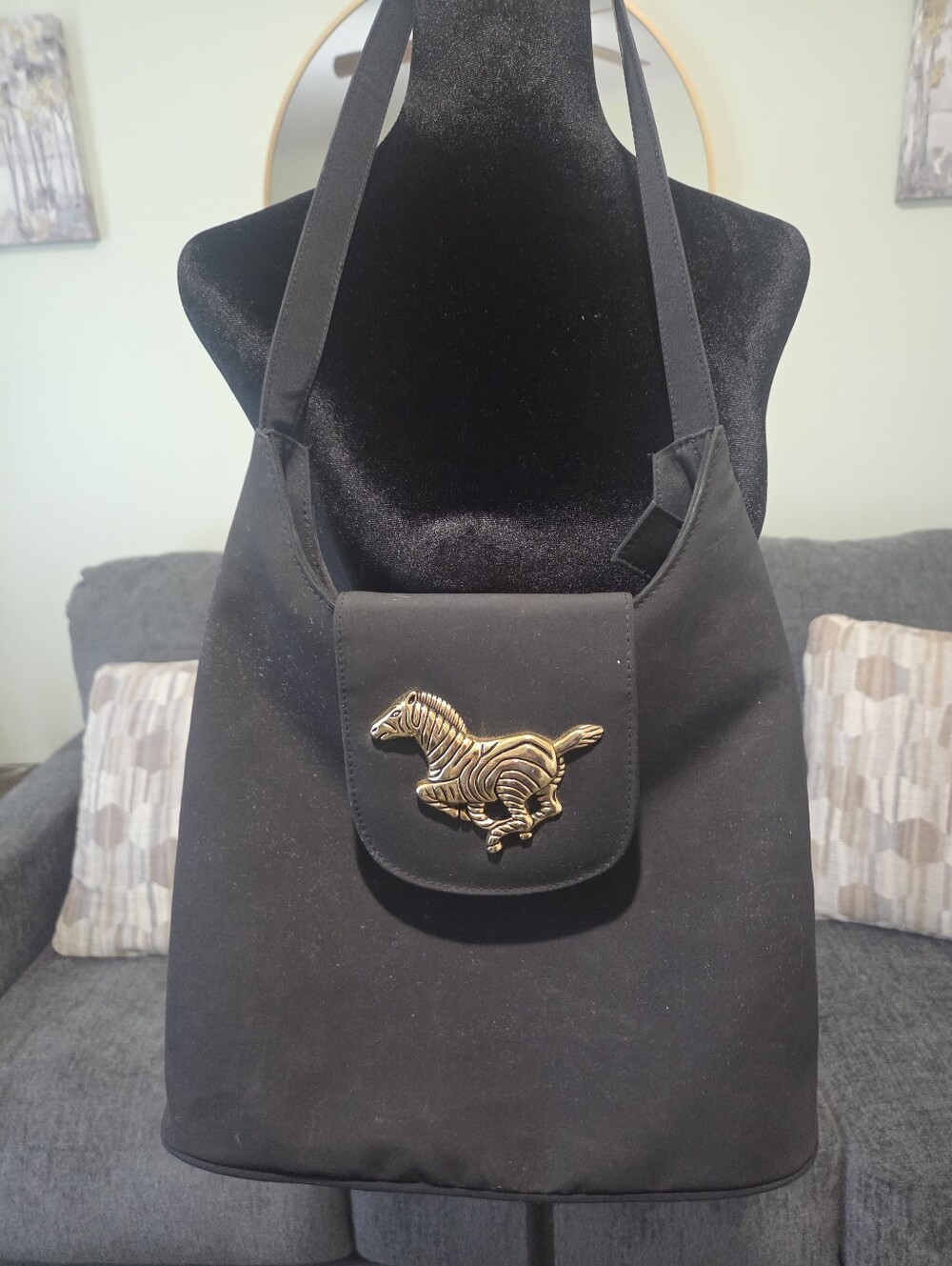 Vintage Black Shoulder Bag with Gold Horse Emblem
